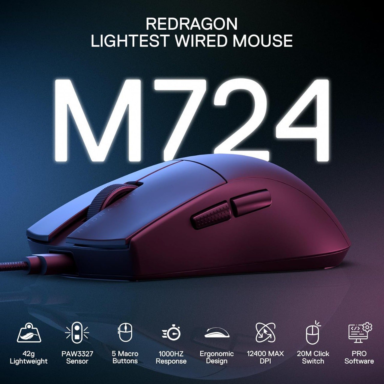 Mouse Gamer Redragon K1ng 1K Preto PAW3327 Cabo USB Tipo-C Removível