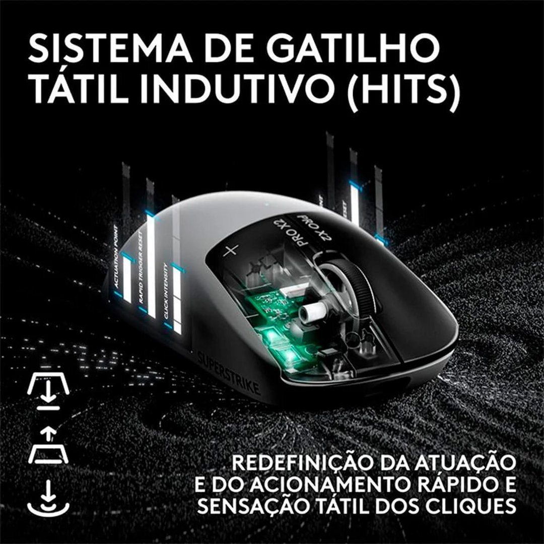 Mouse Gamer Sem Fio Logitech G PRO X2 SUPERSTRIKE LIGHTSPEED, 61 g, Cliques Táteis Personalizáveis, USB-C, Preto e Branco - 910-007775