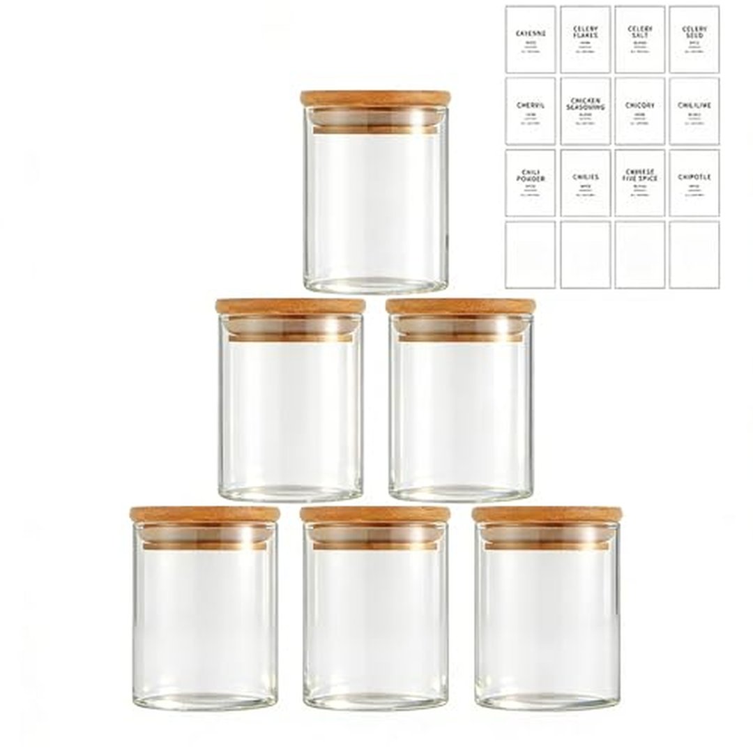 Potes Herméticos de Vidro com Tampa de Bambu - Kit 6 Unidades