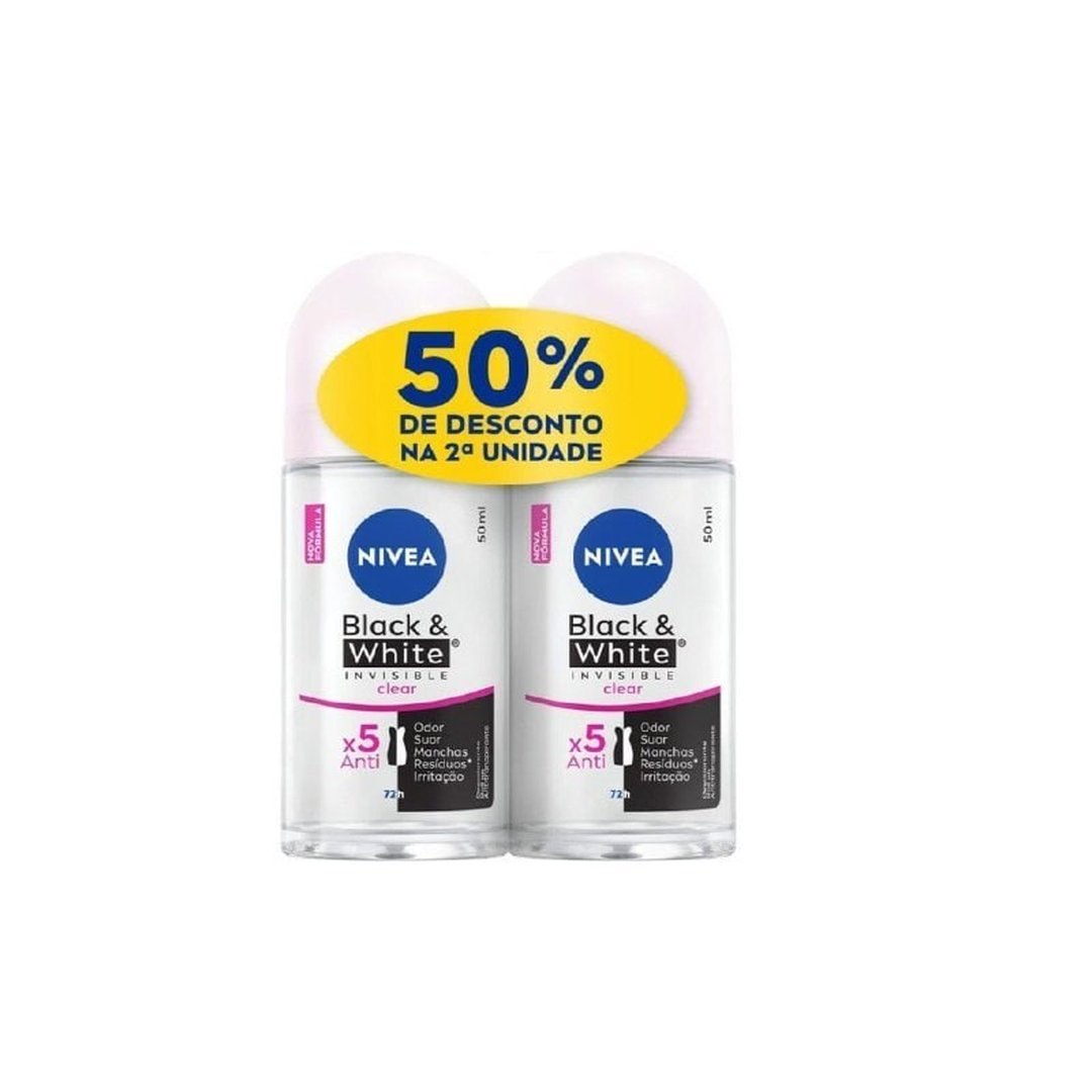 NIVEA Kit Desodorante Antitranspirante Roll On Invisible Black & White Clear 50ml