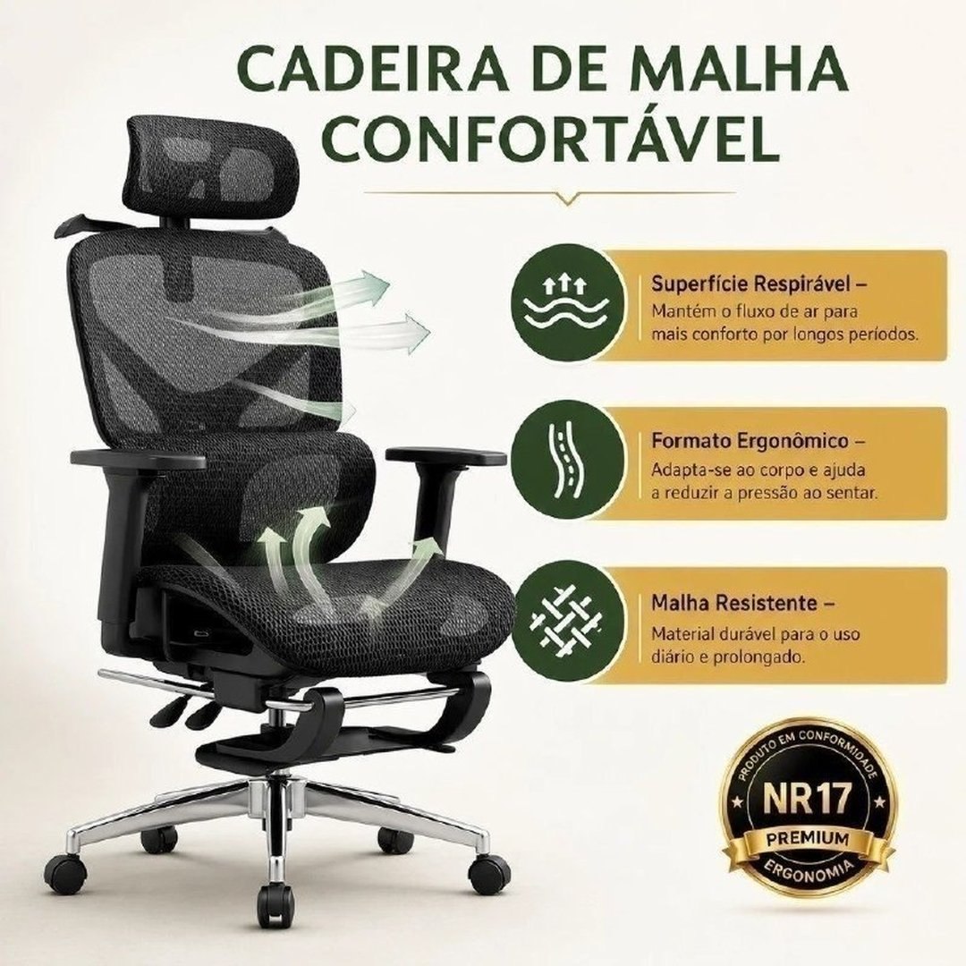 Cadeira de Escritório Ergonômica Reforçada Malha Respirável Ajustes Para Braços, Cabeça, Lombar e Apoio Pés LARUNO