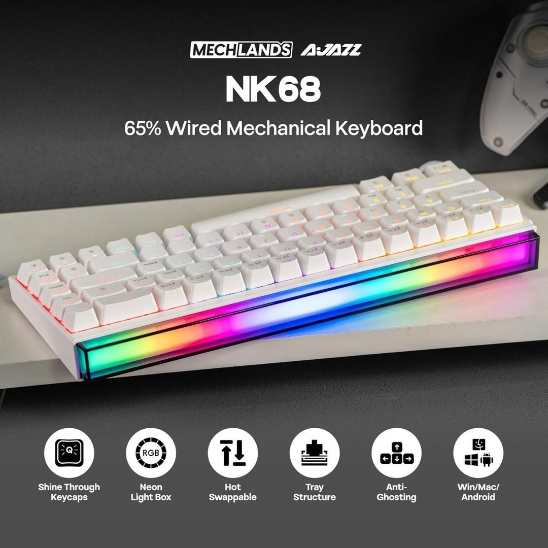 Teclado Mecanico AJAZZ NK68, Rainbow, Switch Vermelho, Branco, NK68-WH