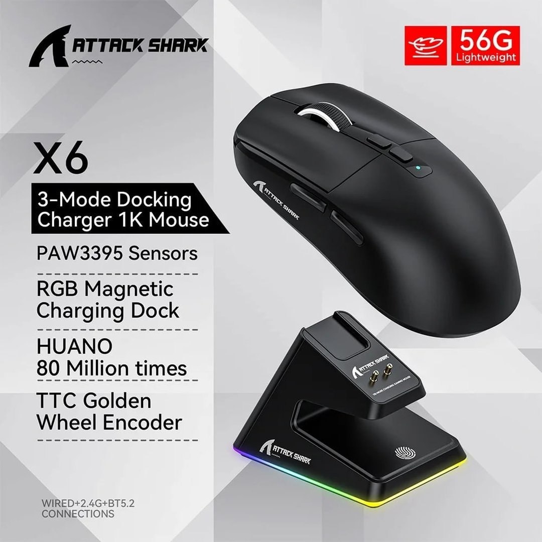Mouse Gamer sem Fio Attack Shark X6 Ultraleve com Base de Carregamento Magnético RGB, Tri-Mode, 26.000 DPI, Sensor Óptico PAW3395, 7 Botões Programáveis Preto