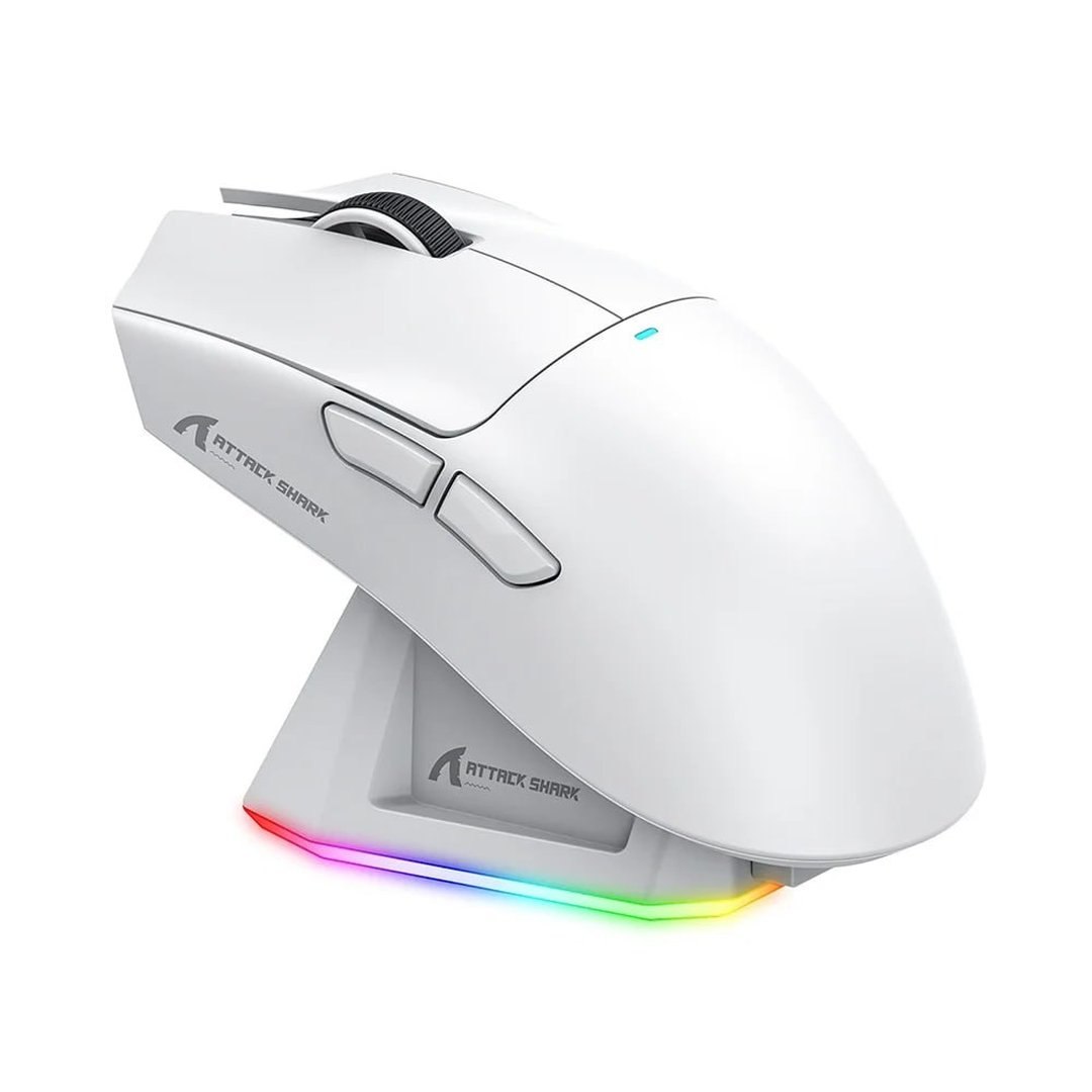 Mouse Gamer sem Fio Attack Shark X11 com Base de Carregamento Magnético RGB, Tri-Mode, 22.000 DPI, Sensor Óptico PAW3311, 5 Botões Branco