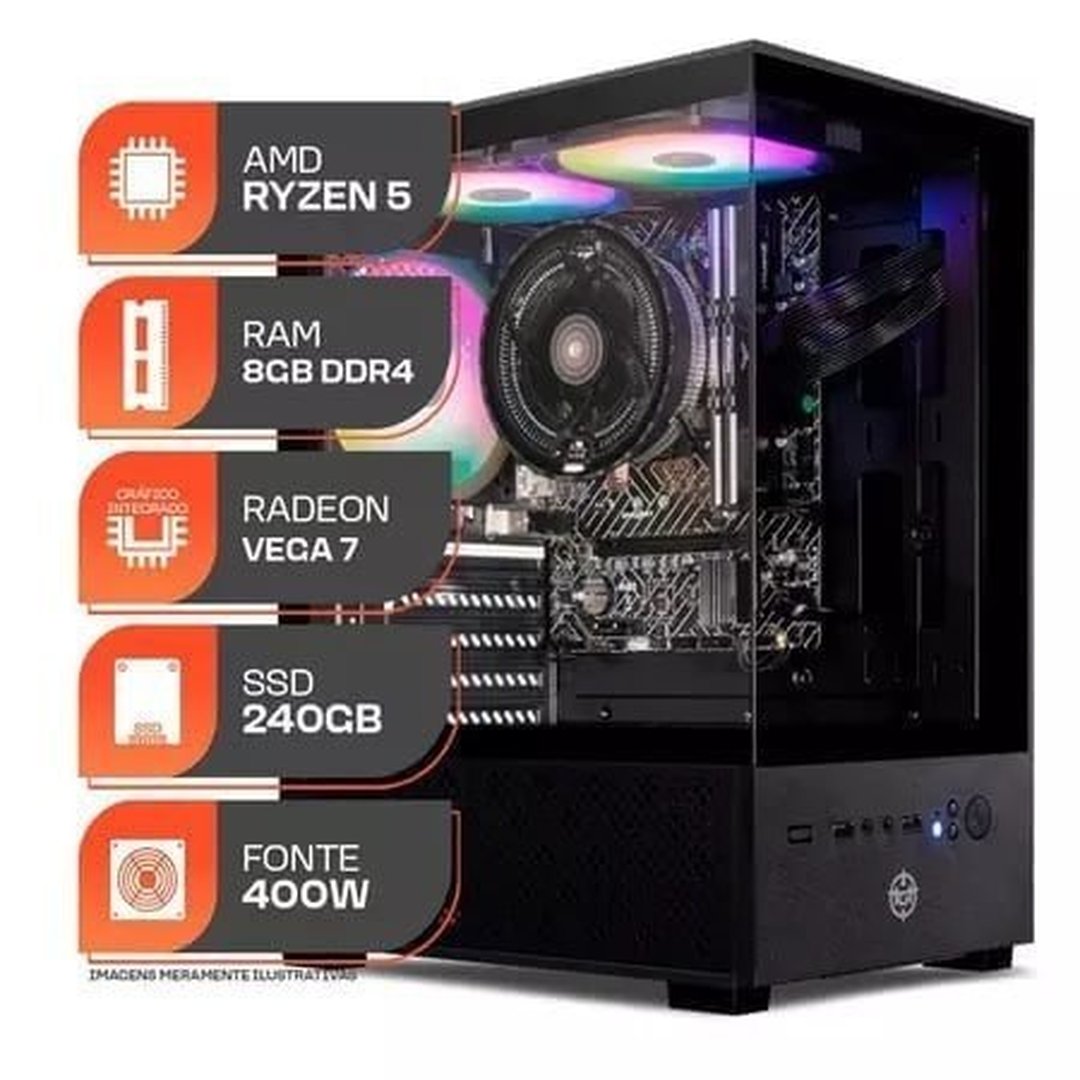 Pc Gamer Forge, AMD Ryzen 5 5600gt, 8GB DDR4, SSD 240GB, 400W 80 Plus