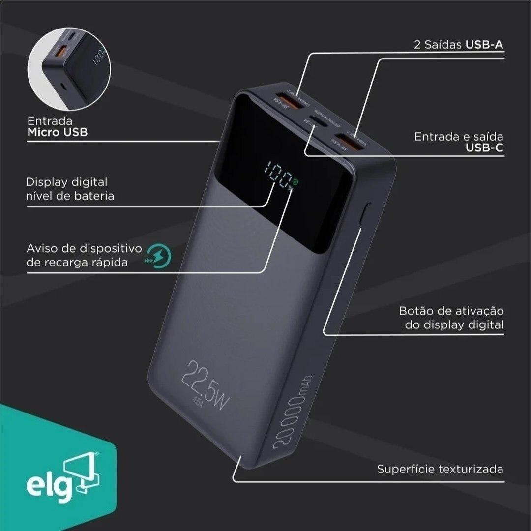 Power Bank Carregador Portátil Pro 20000mAh Elg PB200BK