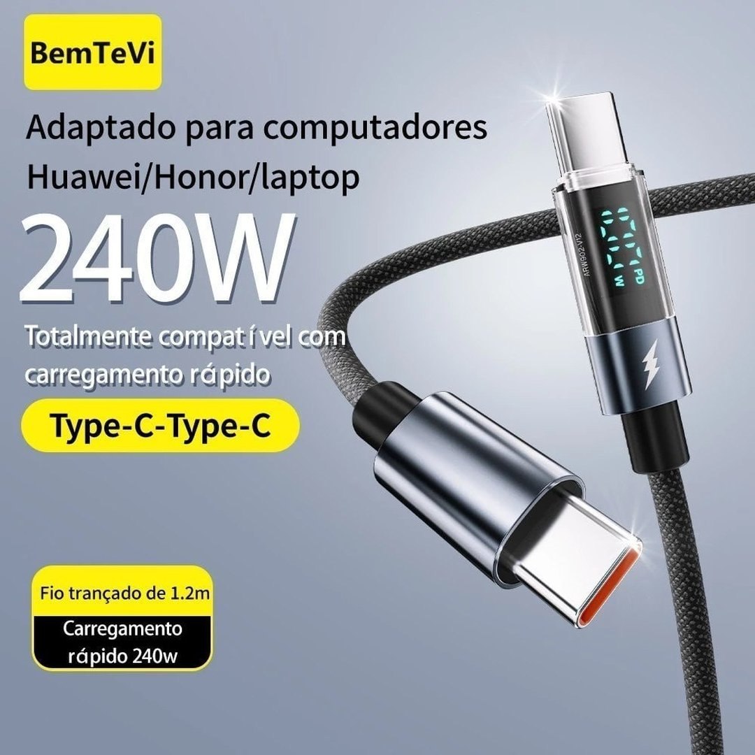 Cabo Tipo C USB PD 240W Cabo de dados de carregamento rápido 5A para iPhone/Samsung/Motorola