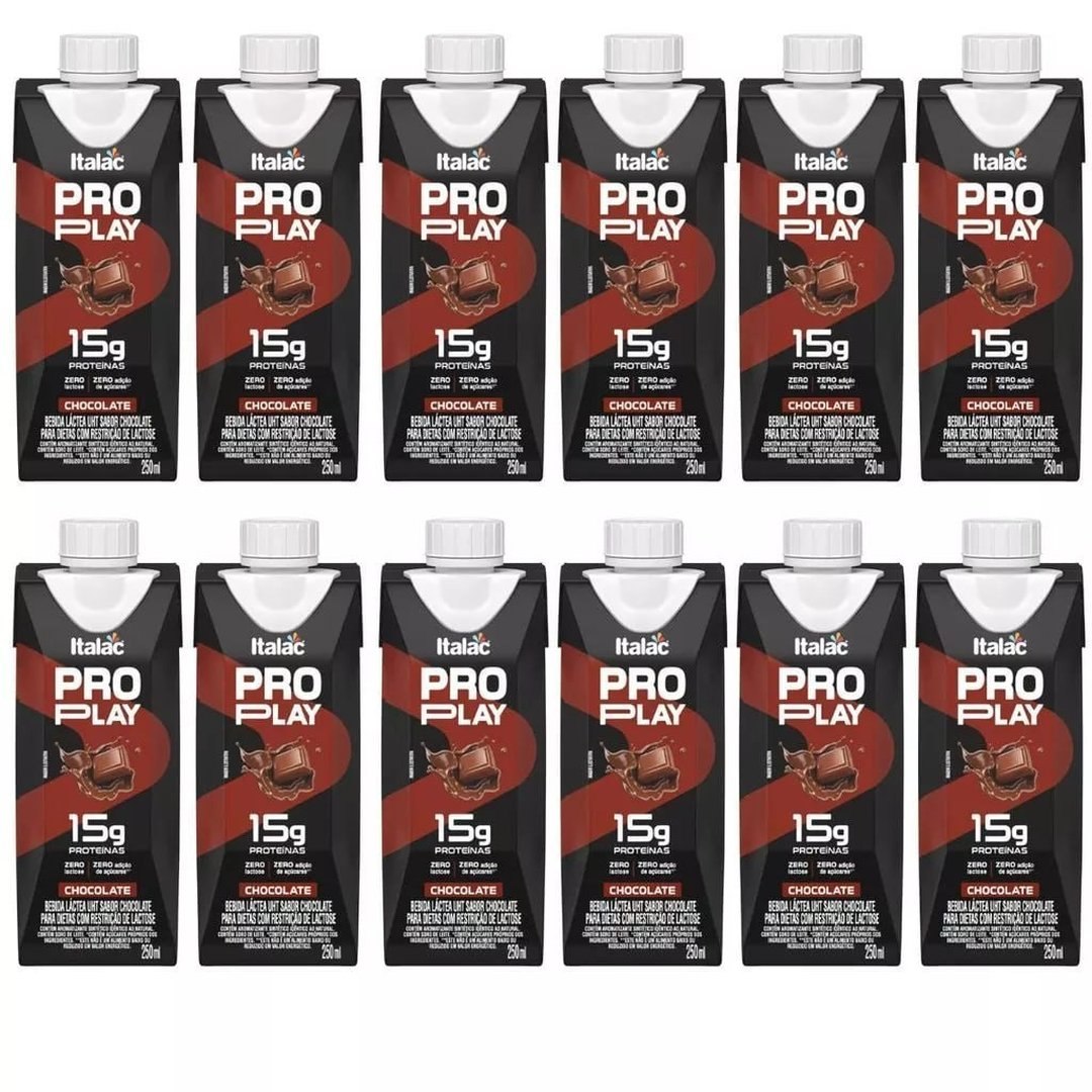 Kit 12x Bebida Lactea Zero Lactose Pro Play Caixa De 250ml Italac - Chocolate 15g proteina