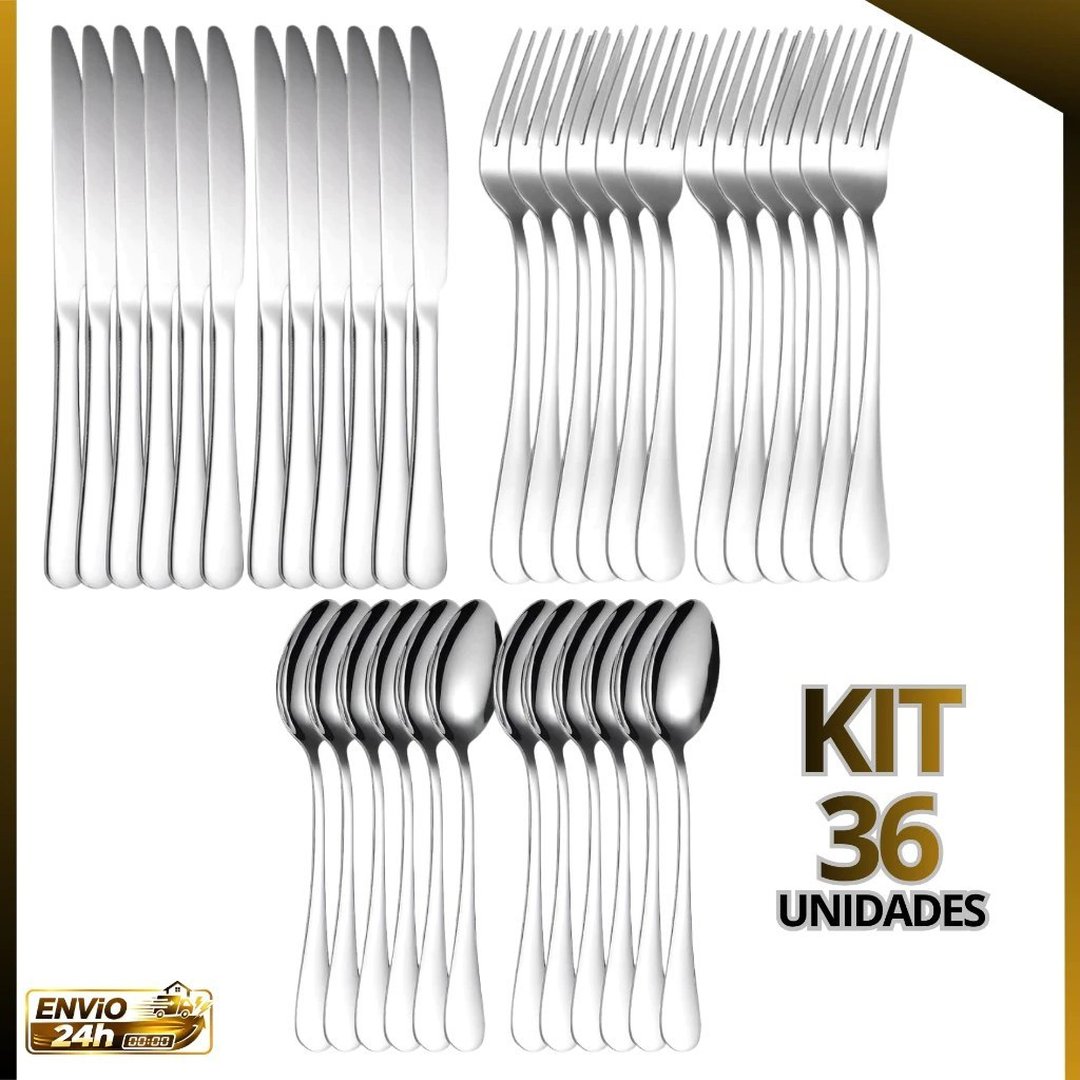 Kit de Talheres mesa Inox aço Premium com Garfo, Faca e Colher 36 unidades