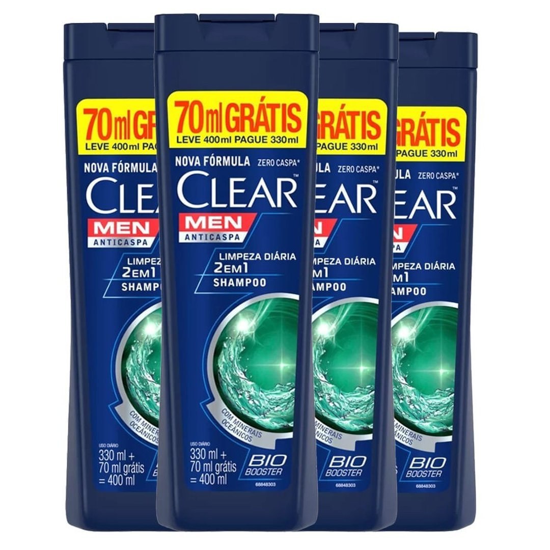 Kit Shampoo Clear Anti-Caspa Limpeza Diária 2 Em 1 Leve 400ml Pague 330ml 4 unidades
