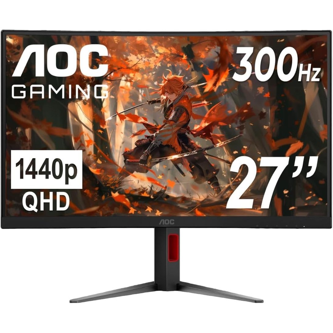 AOC CQ27G4ZH Monitor de 27" Curvo para Jogos, QHD 2K 2560x1440, 1500R VA, 300Hz 0,3ms, HDMI x2, DP x1, Suporte com Altura Ajustável, Compatível com Xbox PS5 Switch, 3 Anos Sem Pontos Luminosos