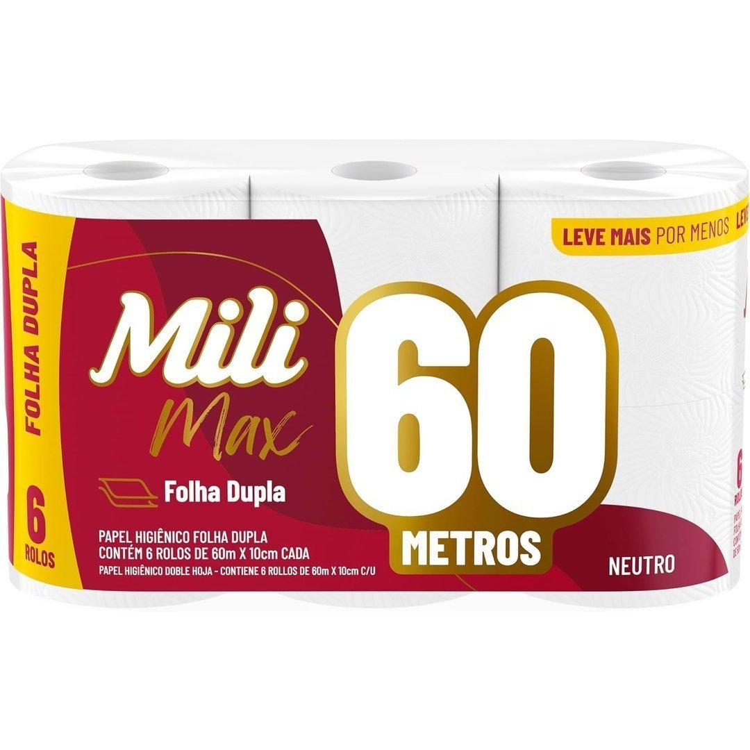 Mili Papel Higiênico Folha Dupla Max Neutro, Picotado e Texturizado, 6 Rolos de 60 metros