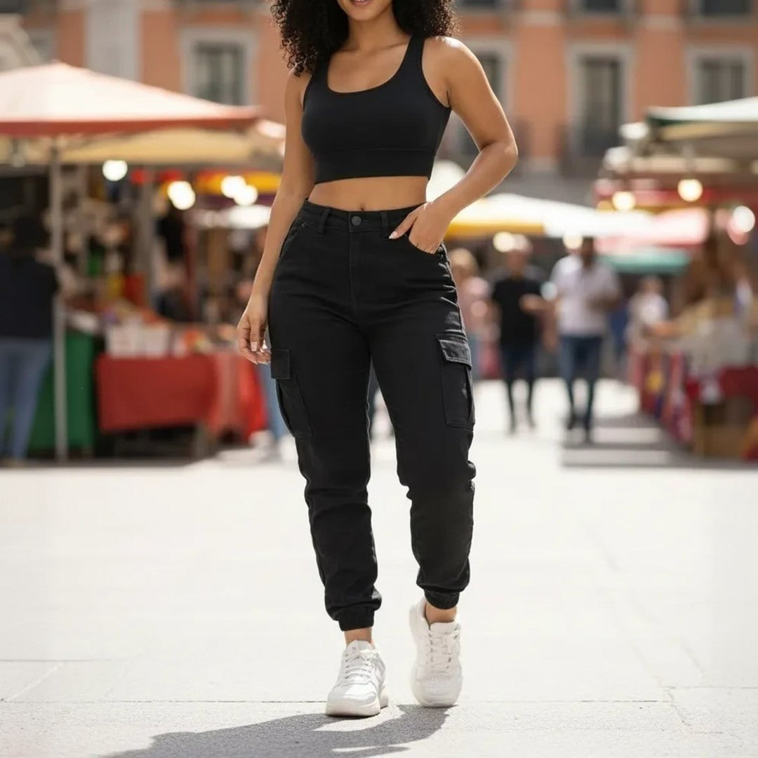 Calça Cargo Jogger Jeans Feminina Cintura Alta Com Lycra