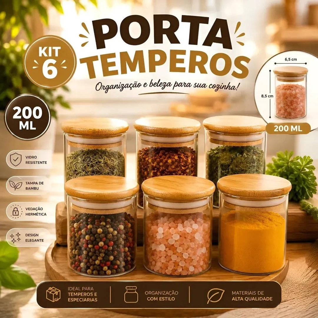 Kit 6 Pote Vidro Porta Temperos Hermético Cozinha Organiza V