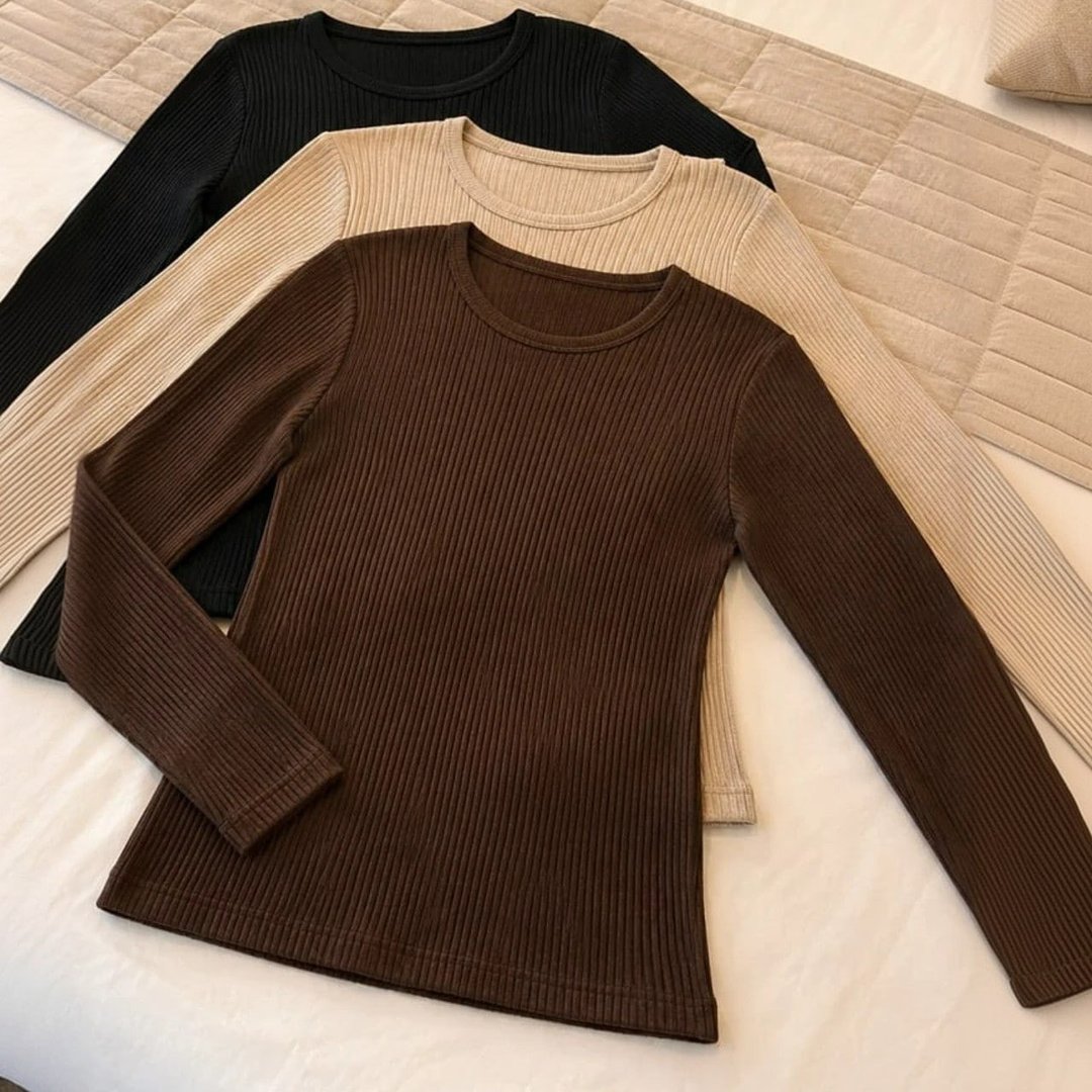 Kit 3 Blusas Manga Longa Segunda Pele Canelada Básica Casual