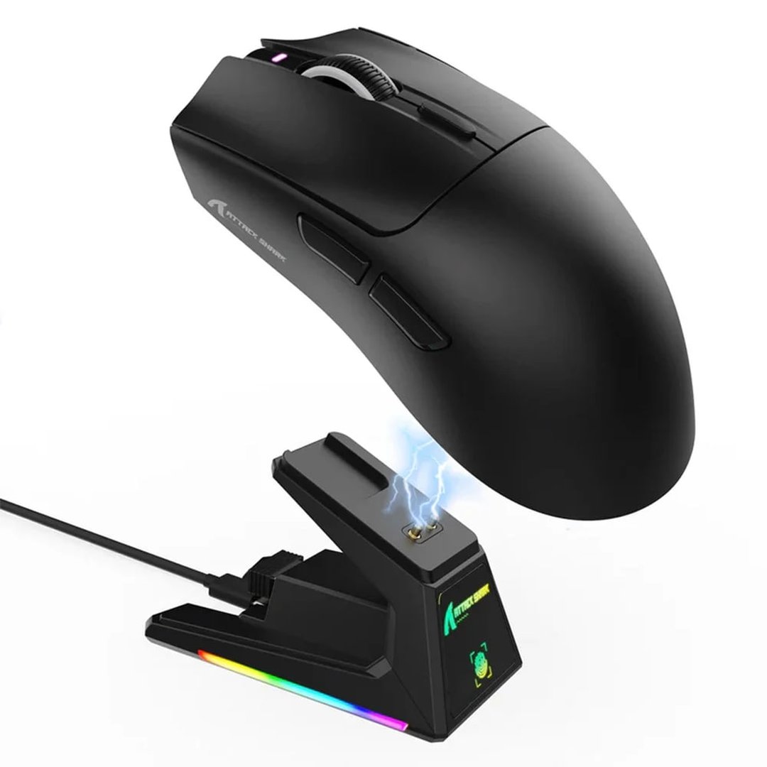Mouse Gamer sem Fio Attack Shark X1 Ultraleve com Base de Carregamento Magnético RGB, Tri-Mode, 40.000 DPI, Sensor Óptico PAW3395 PRO, 6 Botões Preto