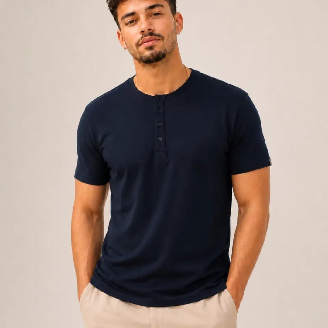 Camiseta Henley Masculina Slim Fit Algodão Manga Curta
