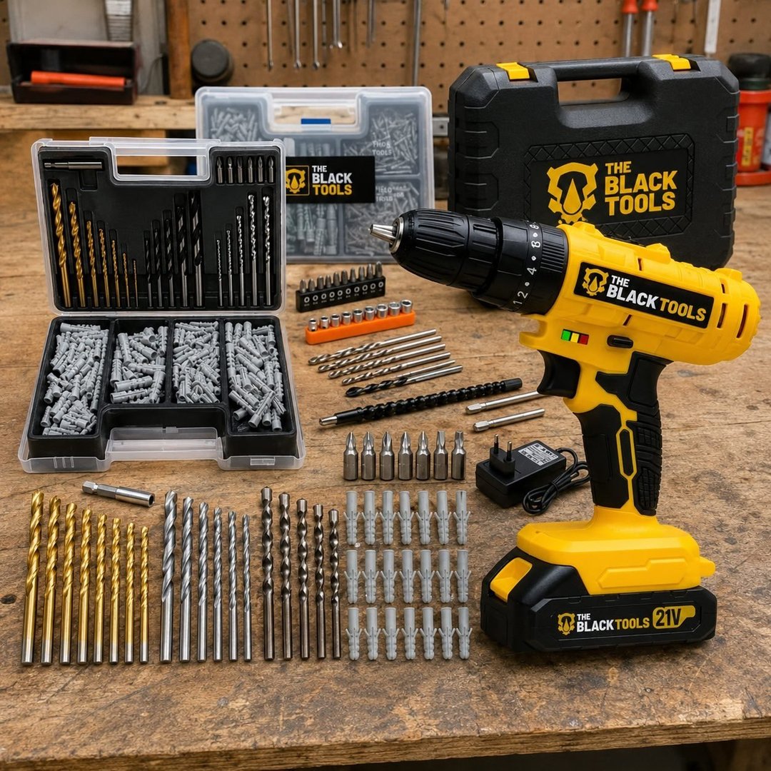 Parafusadeira E Furadeira Impacto Tb-21pz The Black Tools 2 Baterias 21v 3/8 Com Jogo De Brocas Bits E Buchas 300 Peças