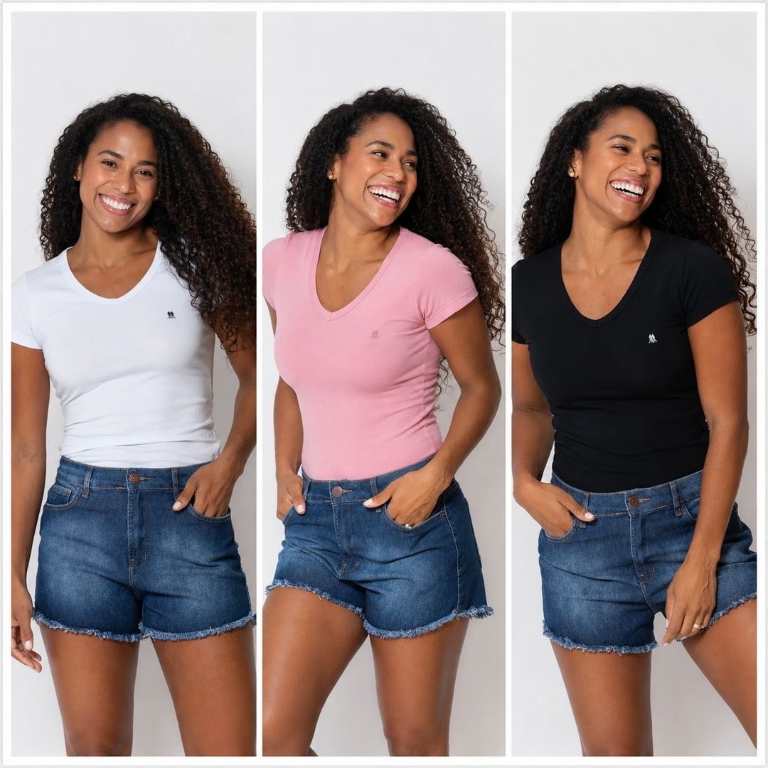 Kit 3 Camisetas Femininas Gola V Polo Wear